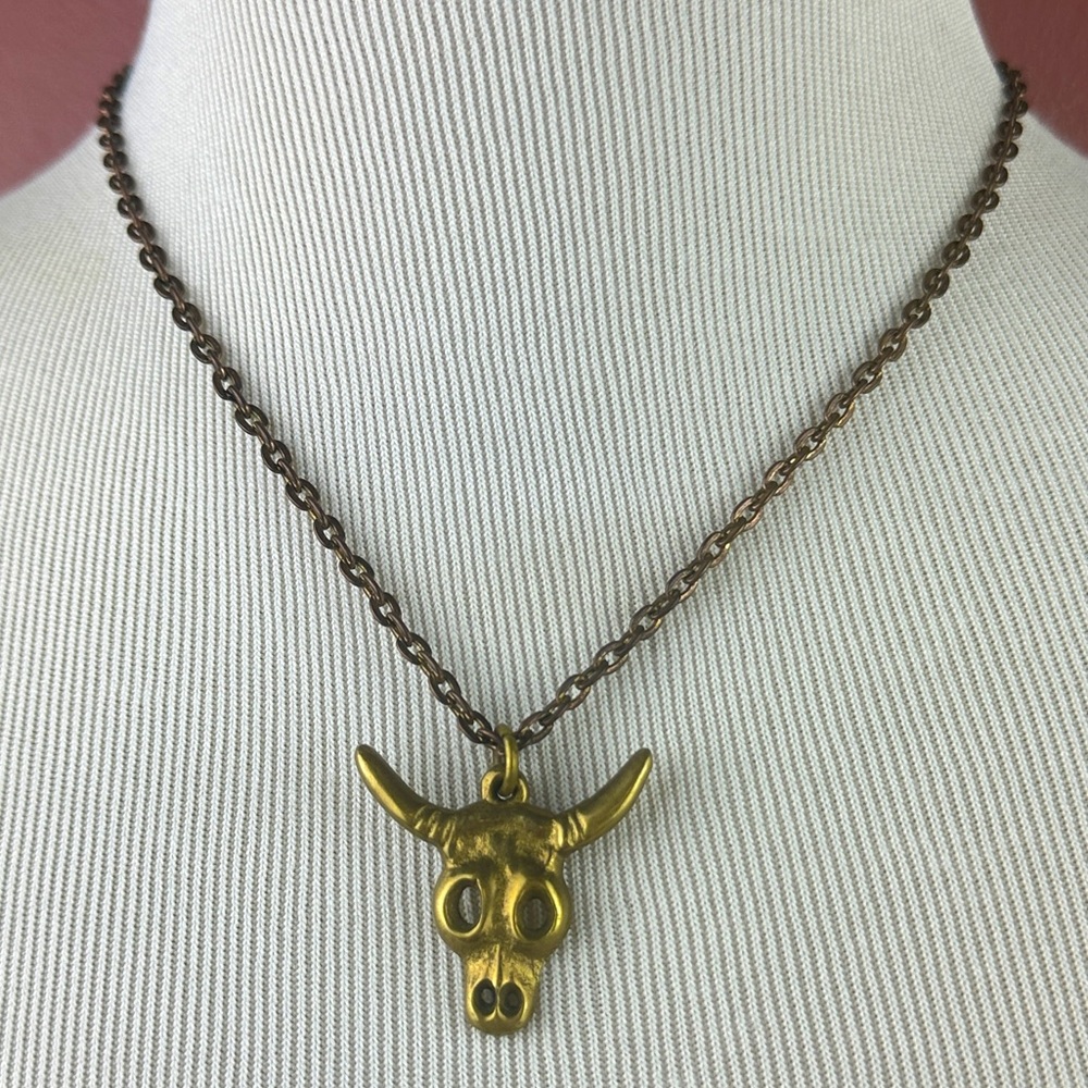 VM bronze tone metal steer or bull skull on chain